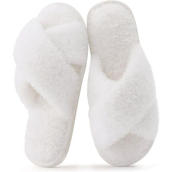 Women's Fuzzy Slippers Cross Band Velvet White Memory Foam House Slippers - Picture 1 of 6